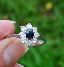 Bague Marguerite Argent Massif Avec Saphir Et Pierres Brillantes -T 59-60