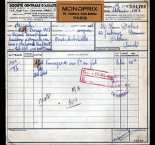 PARIS (XI°) ALIMENTATION / EPICERIE "MONOPRIX" Facture en 1951