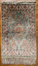 fine Hereke Turkish silk rug tapis turc soie seide teppich green vert 82 x 43 cm