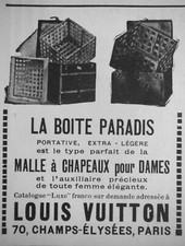 PUBLICITÉ DE PRESSE 1925 LOUIS VUITTON LA BOITE PARADIS MALLE A CHAPEAUX DAMES