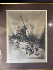 Tableau au fusain Jean D’Esparbès - Le Moulin de la Galette - Les porteurs d’eau