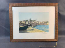 Ancien tableau lithographie signé Cannes Le Haut Chevalier et cadre bois vintage