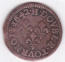 Double Tournois 1642 H LA ROCHELLE Louis XIII en cuivre