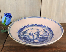 Ancien Coupe Plat Assiette Décor Delft Bleu en Faïence du Nord Peint Main 19ème