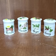 4 Pots À Épices En Porcelaine Lourioux, Romarin, Cannelle, Thym Curry, Décor
