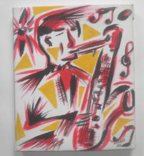 TABLEAU ACRYLIQUE SAXOPHONISTE JAZZ ARTISANAT AFRIQUE