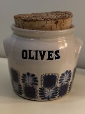 Ancien Pot A Olives En Grès Décor Palma Bleu Vintage 70