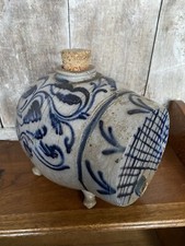 Ancien Vinaigrier Grès Alsace Gris Décor Bleu Forme Tonneau XIXe Vintage #B673