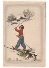 1940 Enfant Neige Ski Chien Panier Houx Chalets Carte Souhaits De Bonne Année