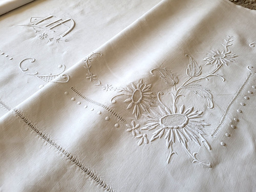 N05 ancien drap lin brodé - ancien,