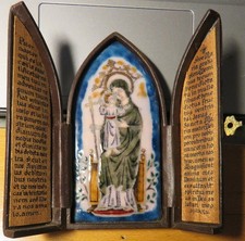 RELIQUAIRE ancien TRIPTYQUE EMAIL /BRONZE VIERGE MARIE ENFANT Jésus Piechaud ?