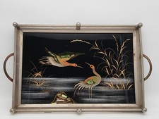 Plateau Art Déco en Métal Argenté, Décor Polychrome d'Oiseaux des Marais