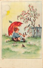 CP ILLUSTREE ENFANT JOUE TROMPETTE PARAPLUIE OISEAUX - 35673