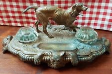 MAGNIFIQUE  ANCIENNE STATUE ENCRIER CHIEN EN MÉTAL PATINE BRONZE - Hauteur 20 cm