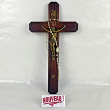 ➜CROIX/CRUCIFIX de Jésus Christ ancienne en laiton/bois 35 cm + joli chapelet !