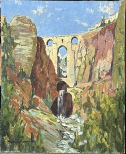 Antique Original Ronda Bridge Spain Landscape Oil Painting on Hardwood, Signed