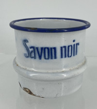 Pot Vintage Tôle Emaillé Savon Noir 1940 Blanc et Bleu