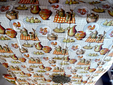 Vintage Nappe en coton   motifs de cuisine  biais rouge   (  176 x 126 cms )