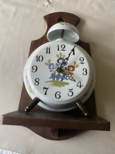 Pendule Murale Céramique Aiguilles Décor Fait Main Support Bois Quartz Vintage