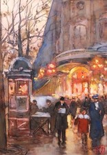 Aquarelle dessin tableau encadré PARIS boulevards Grands Magasins GALIEN LALOUE