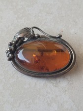 Ancienne Broche En Argent 925 Et Ambre Vintage 