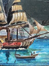 Tableau ancien huile paysage marine animé bateau miniature impressionnisme
