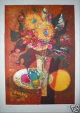 Margotton René Lithographie signée numérotée composition aux fleurs Paris