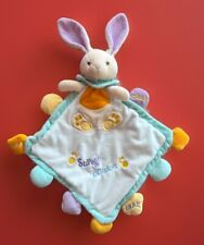 Doudou peluche Babynat' LAPIN PLAT SUPER DOUDOU CRAK GRELOTS Bleu Jaune