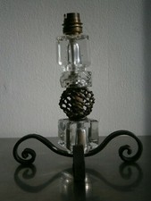 PIED DE LAMPE 1950 DECOR FER FORGE BLOC VERRE VINTAGE XX°s ANCIEN LUMINAIRE