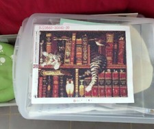 Chat sur bibliotheque tableau diamond painting fait