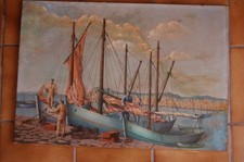 Huile sur toile marine retour de pêche côte rocheuse 20ème siècle