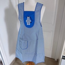 Tablier avec bavette bleu imprimé carreaux café brodé poche coton  vintage 