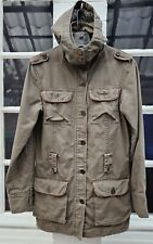 VINTAGE T 34/36 STYLE MILITAIRE LONGUE VESTE KAKI CAPUCHE AMOVIBLE DOUBLURE