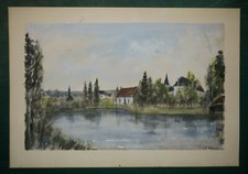 Jean-Pierre RÉMON, Gouache, paysage au bord d'un lac, illustration, XXème siècle