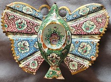 Ancien cendrier perse / iran Cuivre peint émaillé " Papillon "  éclats en l'état