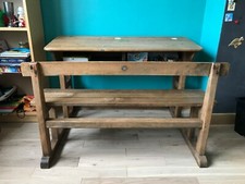 AUTHENTIQUE BUREAU / PUPITRE D'ECOLIER DEUX PLACES EN CHENE MASSIF ANNEES 1970