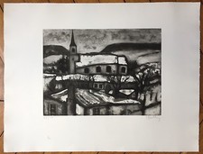 Jacques Hallez gravure originale signée paysage de Loraine sous la neige art