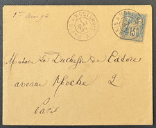 SAGE YT 90 15ct  s/ Enveloppe / Affr Convoyeur PARIS A MONTARGIS / A / 1894