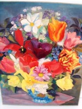 BERTHOMME ST-ANDRE - "FLEURS AU VASE BLEU" -HUILE S/ PANNEAU TOILE CHÂSSIS -1960