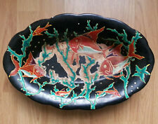 Ancien PLAT COUPE en EMAUX DE LONGWY décor NEPTUNE M. P. CHEVALLIER à restaurer