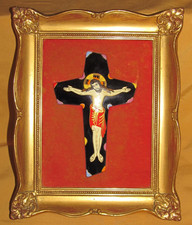 Croix crucifix en émail Bonhomme Limoges émaux d'art Christ dans cadre bois doré
