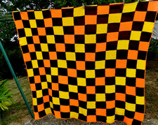 Vintage,grand plaid,couverture crochet tricot ,laine orange jaune marron 252x203