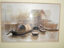 art asiatique Tableau en fils de soie tendus paysage lacustre marine