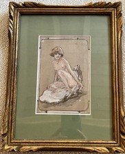 Rare Dessin Ancien Crayon Étude Femme Nue Dans Une Huître Crayon Gouache