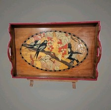 superbe tableau / plateau  bois Art déco 1930 décor pyrogravé et peint en relief