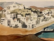 Belle Peinture  orientaliste orientalisme 1980 Papier Village Maroc? Tunisie?Art
