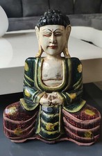 Sculpture Bouddha/Inde, en bois polychrome. Position Dhyana Mudra.Dim 30 x 22 cm