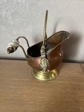 Ancien Petit Seau à charbon chaudron en cuivre poignées faïence et Tête de Lion