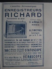 7/1927 PUB JULES RICHARD BAROMETRE BAROGRAPHE VERASCOPE STATOSCOPE ALTIMETRE AD