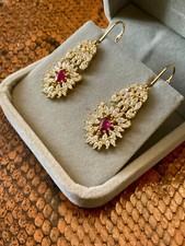 ANCIENNES  BOUCLES D'OREILLES ARGENT MASSIF VERMEIL - RUBIS & TOPAZES VÉRITABLES